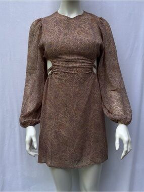 🔥BUNDLE 2for40🔥 Brown Paisley Long-Sleeve Cutout Mini Dress Sz S RUNS SMALL